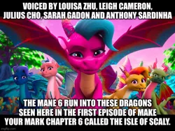 Size: 666x500 | Tagged: safe, derpibooru import, edit, edited screencap, screencap, dragon, g5, my little pony: make your mark, spoiler:g5, blaize skysong, caption, dragoness, female, fountain (g5), image, image macro, jpeg, leaf (g5), luxxe, male, my little pony: make your mark chapter 6, text, the isle of scaly, tumble (g5)