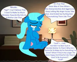 Size: 3002x2397 | Tagged: safe, artist:memeartboi, derpibooru import, ponified, pony, unicorn, g4, bed, bedroom, crying, female, guilty, heart, heartbreak, hoof heart, horn, hurt/comfort, image, indoors, jpeg, lamp, mare, mother, nicole watterson, night lamp, regret, remorse, sad, self reflection, sitting, solo, solo female, speech bubble, teary eyes, text, the amazing world of gumball, underhoof, unicorn horn, upset