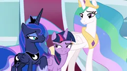 Size: 1920x1080 | Tagged: safe, derpibooru import, screencap, princess celestia, princess luna, twilight sparkle, twilight sparkle (alicorn), alicorn, pony, g4, the ending of the end, female, image, jewelry, my little pony, png, regalia, throne room, trio, trio female