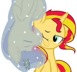 Size: 750x701 | Tagged: safe, artist:evaiacopini, derpibooru import, comet tail, sunset shimmer, pony, unicorn, female, horn, image, jpeg, kiss on the cheek, kissing, male, mare, ship:cometshimmer, shipping, stallion, straight