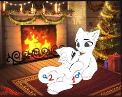 Size: 1176x933 | Tagged: safe, artist:empress-twilight, derpibooru import, oc, earth pony, pony, christmas, christmas tree, commission, cuddling, duo, fireplace, hearth's warming eve, holiday, image, indoors, jpeg, lying down, present, prone, rug, tree, your character here