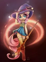 Size: 2000x2700 | Tagged: safe, artist:radioaxi, artist:reterica, derpibooru import, fluttershy, anthro, unguligrade anthro, unicorn, g4, abstract background, alternate hairstyle, clothes, cute, female, hat, high res, image, let's start the game, looking at you, mage, png, shyabetes, skirt, smiling, smiling at you, solo, staff, wand, witch hat, zettai ryouiki