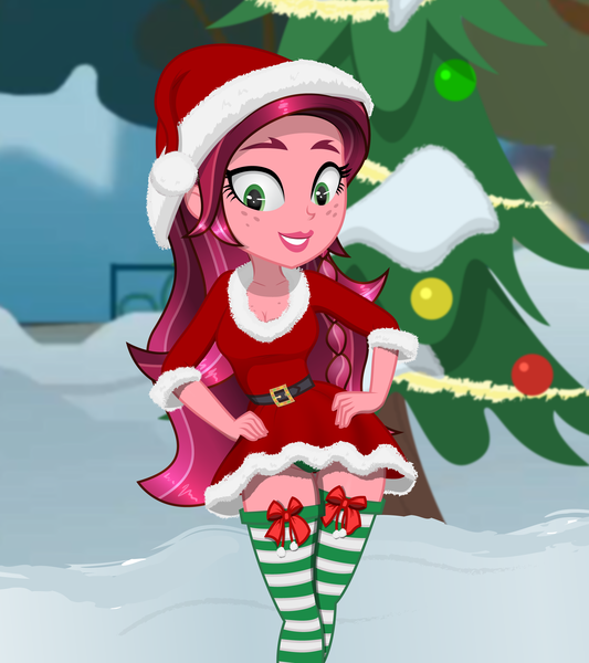 Size: 1920x2160 | Tagged: safe, derpibooru import, gloriosa daisy, equestria girls, g4, belt, bow, breasts, christmas, christmas ornament, christmas tree, cleavage, clothes, costume, decoration, freckles, hand on hip, hat, holiday, image, looking at you, outdoors, png, santa costume, santa hat, smiling, smiling at you, snow, socks, stockings, thigh highs, tree