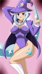 Size: 1246x2172 | Tagged: suggestive, artist:solfei, derpibooru import, trixie, human, g4, big breasts, boots, breasts, busty trixie, cape, cleavage, clothes, cutie mark on human, female, hat, humanized, image, knee-high boots, leotard, looking at you, magician outfit, png, shoes, skintight clothes, solo, solo female, trixie's cape, trixie's hat