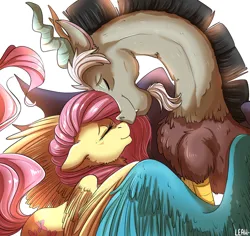 Size: 1024x968 | Tagged: safe, artist:leahfoxden, derpibooru import, discord, fluttershy, draconequus, pegasus, pony, g4, blushing, boop, cheek fluff, chest fluff, cute, discoshy, discute, ear fluff, eyes closed, female, happy, image, male, mare, noseboop, png, profile, shipping, shyabetes, simple background, smiling, straight, white background