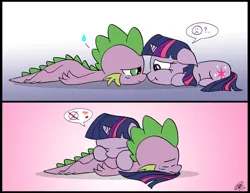 Size: 2786x2153 | Tagged: safe, artist:loreto-arts, derpibooru import, spike, twilight sparkle, dragon, pony, unicorn, g4, baby, baby dragon, boop, comforting, crying, cute, duo, female, filly, filly twilight sparkle, floppy ears, foal, heart, horn, image, jpeg, male, noseboop, question mark, sad face, signature, simple background, spikabetes, spikelove, twiabetes, unicorn twilight, younger