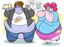 Size: 2047x1506 | Tagged: suggestive, artist:superspoe, derpibooru import, pinkie pie, oc, oc:neon sprinkles, human, equestria girls, g4, bbw, belly, big belly, blushing, cake, commission, duo, duo female, fat, female, food, huge belly, image, impossibly large belly, jpeg, morbidly obese, obese, piggy pie, pudgy pie, speech bubble, ssbbw, weight gain