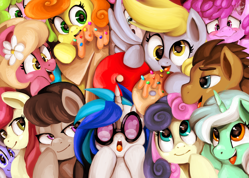 Size: 2560x1835 | Tagged: safe, artist:shivall, derpibooru import, berry punch, berryshine, bon bon, carrot top, daisy, derpy hooves, doctor whooves, flower wishes, golden harvest, lyra heartstrings, octavia melody, roseluck, sweetie drops, time turner, vinyl scratch, earth pony, pegasus, pony, unicorn, g4, slice of life (episode), the lost treasure of griffonstone, cute, derpabetes, female, horn, image, male, mare, my little pony, png, stallion