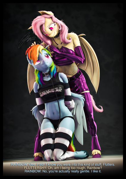 Size: 4000x5656 | Tagged: questionable, artist:imafutureguitarhero, derpibooru import, fluttershy, rainbow dash, anthro, bat pony, pegasus, unguligrade anthro, g4, 3d, :s, absurd resolution, arm behind back, arm fluff, arm freckles, bat ponified, bat wings, bdsm, belly, belly button, belt, blushing, bondage, bondage mitts, border, bound, bound arms, bound legs, bound wrists, box tied, bra, breasts, cheek fluff, chest fluff, chest freckles, chin fluff, chromatic aberration, clothes, collar, colored eyebrows, colored eyelashes, colored wings, crop top bra, cute, cute little fangs, dashabetes, dashsub, delicious flat chest, dialogue, dominant, ear fluff, ear freckles, evening gloves, fangs, female, femdom, femsub, film grain, fingerless elbow gloves, fingerless gloves, fishnet clothing, floppy ears, fluffy, fluffy hair, fluffy mane, fluffy tail, flutterbat, flutterdom, freckles, freckleshy, funny shirt, fur, gentle femdom, gloves, hair over one eye, hoof fluff, image, jpeg, kneeling, latex, latex clothes, latex gloves, latex pants, latex shorts, latex stockings, leash, legs together, long gloves, looking at each other, looking at someone, looking down, looking up, multicolored hair, multicolored mane, multicolored tail, nose wrinkle, one ear down, paintover, panties, pants, paw gloves, pink hair, pink mane, pink tail, purple latex, race swap, rainbow flat, red eyes, revamped anthros, revamped ponies, rope, rope bondage, ropes, shibari, shiny, short shirt, shorts, shoulder fluff, shoulder freckles, shyabetes, signature, skindentation, slit pupils, socks, source filmmaker, stockings, submissive, subtitles, tail, text, text on clothing, thigh highs, thigh squish, tied up, two toned wings, underwear, unshorn fetlocks, wall of tags, wavy mouth, white latex, wing fluff, wings, wings down, zettai ryouiki