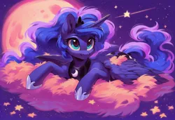 Size: 1216x832 | Tagged: safe, ai content, machine learning generated, prompter:starshine, princess luna, alicorn, pony, g4, cloud, cloudy, cute, female, horn, image, jpeg, lying on a cloud, night, night sky, on a cloud, sky, smiling, solo, solo female, wings