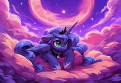 Size: 1216x832 | Tagged: safe, ai content, machine learning generated, prompter:starshine, princess luna, pony, g4, cloud, cloudy, cute, female, image, jpeg, lying on a cloud, night, night sky, on a cloud, sky, smiling, solo, solo female