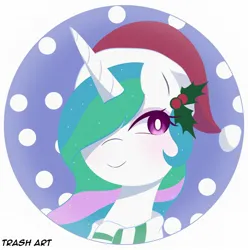 Size: 2028x2048 | Tagged: safe, artist:eltrash_art6, derpibooru import, princess celestia, alicorn, pony, blushing, christmas, clothes, cute, cutelestia, eyeshadow, female, hat, holiday, holly, holly mistaken for mistletoe, icon, image, jpeg, makeup, mare, santa hat, scarf, snow, solo