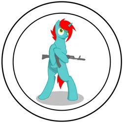 Size: 1280x1280 | Tagged: safe, artist:ryadovoy eqw, derpibooru import, oc, unofficial characters only, pony, unicorn, ak-47, assault rifle, green eyes, gun, horn, image, male, male oc, png, red mane, rifle, solo, unicorn oc, weapon