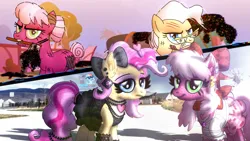 Size: 4192x2358 | Tagged: safe, artist:yourboimario, derpibooru import, cheerilee, mayor mare, earth pony, pony, g4, alternate universe, axe, bandage, bow, clothes, cut mane, duo, ear piercing, earring, eyeshadow, female, glasses, hair bun, hairclip, high res, image, infection au, irl, jewelry, makeup, mare, necklace, non-dyed mayor, photo, piercing, png, ponies in real life, scar, survivor, torn hair, weapon