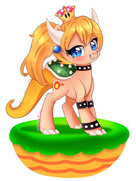 Size: 2121x2828 | Tagged: safe, artist:mimijuliane, derpibooru import, ponified, dracony, dragon, hybrid, pony, bowser, bowsette, dirt cube, female, image, new super mario bros. u deluxe, obtrusive watermark, png, simple background, solo, super crown, super mario, toadette, transparent background, watermark