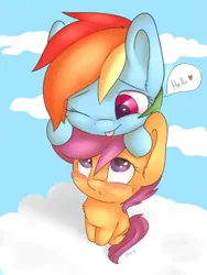 Size: 2121x2828 | Tagged: safe, artist:dbleki, derpibooru import, rainbow dash, scootaloo, pegasus, pony, g4, :o, :p, blushing, cheek fluff, chest fluff, cloud, cute, cutealoo, dashabetes, dialogue, ear fluff, female, filly, fluffy, foal, heart, hello, image, leaning, lesbian, looking up, mare, one eye closed, open mouth, png, ponies riding ponies, pony hat, riding, riding a pony, scootadash, scootaloo riding rainbow dash, scootalove, shipping, silly, sitting, sky, smiling, speech bubble, tongue out, weapons-grade cute, wink