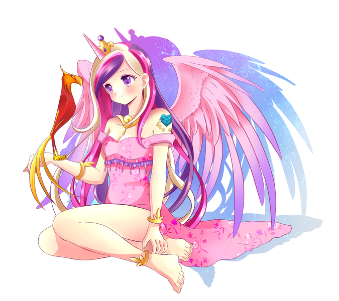 Size: 2598x2309 | Tagged: safe, artist:rurucreations, artist:rurutia8, derpibooru import, philomena, princess cadance, human, phoenix, g4, bare shoulders, barefoot, breasts, cleavage, clothes, colored pupils, cute, cutedance, feet, female, horn, horned humanization, humanized, image, legs, png, simple background, solo, strapless, white background, winged humanization, wings