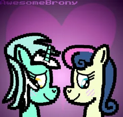 Size: 564x540 | Tagged: safe, artist:awesomebrony, ponerpics import, bon bon, lyra heartstrings, sweetie drops, earth pony, pony, unicorn, blushing, female, heart, image, lesbian, lyrabon, mare, png, shipping, smiling