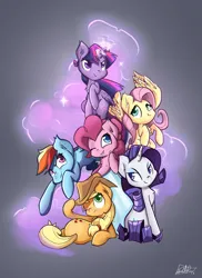 Size: 2091x2868 | Tagged: safe, artist:davidmryan, derpibooru import, applejack, fluttershy, pinkie pie, rainbow dash, rarity, twilight sparkle, twilight sparkle (alicorn), alicorn, earth pony, pegasus, pony, unicorn, g4, crystal, female, horn, image, magic, mane six, mare, png