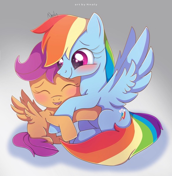 Size: 1820x1863 | Tagged: safe, artist:nnaly, derpibooru import, rainbow dash, scootaloo, pegasus, pony, g4, backwards cutie mark, blank flank, blushing, cute, cutealoo, dashabetes, duo, eyes closed, female, filly, foal, hug, image, jpeg, mare, scootalove, signature, smiling, sparkles, sparkly eyes, wingding eyes