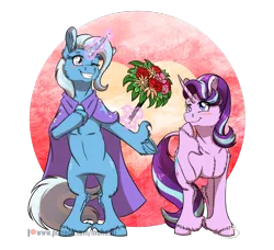 Size: 2000x1824 | Tagged: safe, artist:inuhoshi-to-darkpen, derpibooru import, starlight glimmer, trixie, pony, semi-anthro, unicorn, g4, abstract background, blush sticker, blushing, bouquet, cape, clothes, curved horn, female, flower, gem, glow, glowing horn, heart, heart background, hoof on chin, horn, image, jewel, lesbian, magic, mare, one eye closed, png, realistic horse legs, rearing, shipping, smiling, standing, startrix, telekinesis, trixie's cape, underhoof, unshorn fetlocks, wink