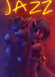 Size: 2065x2903 | Tagged: safe, artist:anticular, derpibooru import, octavia melody, vinyl scratch, earth pony, pony, unicorn, g4, bipedal, cello, clothes, double bass, duo, duo female, female, hat, horn, image, jazz, mare, musical instrument, neon, neon sign, png, trumpet