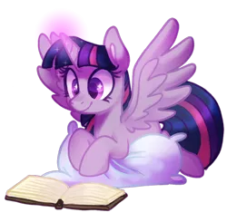 Size: 2475x2424 | Tagged: safe, artist:voraire, derpibooru import, twilight sparkle, twilight sparkle (alicorn), alicorn, pony, g4, adorkable, book, cute, dork, female, image, lying down, magic, mare, pillow, png, prone, reading, simple background, solo, spread wings, transparent background, wings