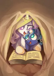 Size: 2059x2912 | Tagged: safe, artist:erica693992, derpibooru import, princess celestia, princess luna, alicorn, pony, g4, blanket fort, book, cute, female, filly, filly luna, foal, image, jpeg, s1 luna, siblings, sisters, woona, younger