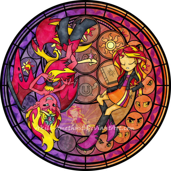 Size: 2100x2100 | Tagged: safe, artist:akili-amethyst, derpibooru import, sunset shimmer, demon, human, equestria girls, g4, book, crown, cutie mark, disney, dive to the heart, duality, duo, eye, eyes, eyes closed, female, image, jewelry, kingdom hearts, my little pony equestria girls, my little pony equestria girls: rainbow rocks, png, regalia, sad, stained glass, sunset satan