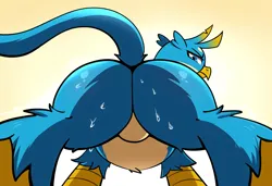 Size: 1216x832 | Tagged: suggestive, ai content, anonymous prompter, derpibooru import, machine learning generated, gallus, gryphon, g4, annoyed, butt, butt focus, featureless crotch, gallass, image, looking at you, looking back, looking back at you, male, offscreen character, plot, png, pov, raised tail, shadow, simple background, solo, spread legs, spreading, standing, tail