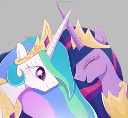 Size: 2472x2278 | Tagged: safe, artist:nnaly, derpibooru import, princess celestia, princess twilight 2.0, twilight sparkle, twilight sparkle (alicorn), alicorn, pony, g4, the last problem, blushing, crown, duo, eyes closed, female, gray background, image, jewelry, jpeg, laughing, mare, my little pony, older, older twilight, older twilight sparkle (alicorn), peytral, regalia, signature, simple background, smiling, starry eyes, wingding eyes