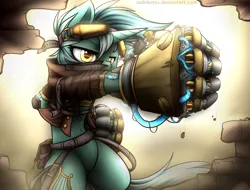 Size: 1580x1200 | Tagged: safe, artist:jadekettu, derpibooru import, lyra heartstrings, pony, semi-anthro, unicorn, g4, belly, belly button, bipedal, broken, clothes, colored pupils, female, fist, hand, horn, image, mechanical hands, png, power fist, solo, that pony sure does love hands, wall