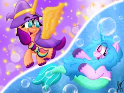 Size: 2160x1620 | Tagged: safe, artist:jesslmc16, derpibooru import, izzy moonbow, sunny starscout, alicorn, mermaid, merpony, unicorn, g5, my little pony: a new generation, my little pony: tell your tale, bubble, buried in a good book, duo, duo female, female, gradient background, hat, horn, image, lesbian, looking at each other, looking at someone, mane stripe sunny, open mouth, png, race swap, raised hoof, ship:moonscout, shipping, smiling, smiling at each other, split screen, sunnycorn, two sides, wizard, wizard hat