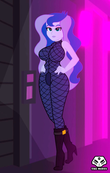 Size: 636x1000 | Tagged: suggestive, artist:theminus, derpibooru import, princess luna, human, equestria girls, g4, alley, bodysuit, boots, breasts, busty princess luna, clothes, cougar, crossed legs, female, hand on hip, high heel boots, image, jpeg, lipstick, shoes, solo, solo female, vice principal luna, watermark