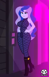 Size: 636x1000 | Tagged: suggestive, artist:theminus, derpibooru import, princess luna, human, equestria girls, g4, alley, bodysuit, boots, breasts, busty princess luna, clothes, cougar, crossed legs, female, hand on hip, high heel boots, image, jpeg, lipstick, shoes, solo, solo female, vice principal luna, watermark