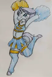 Size: 1216x1784 | Tagged: safe, artist:midday sun, derpibooru import, oc, oc:witching hour, pony, semi-anthro, cheerleader, cheerleader outfit, clothes, crossdressing, eyes closed, freckles, hooves, image, jpeg, male, one leg raised, pom pom, short shirt, skirt, socks, solo, solo male, stallion, stockings, thigh highs, traditional art