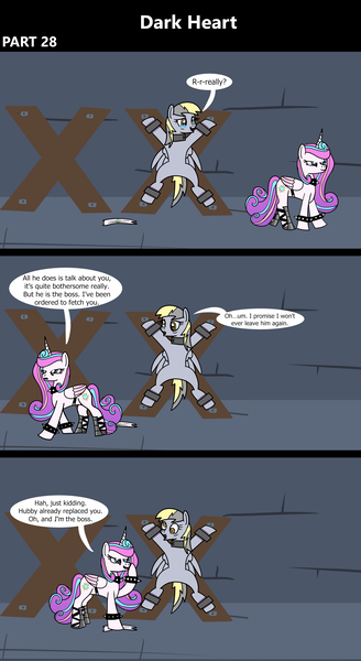 Size: 1920x3516 | Tagged: semi-grimdark, artist:platinumdrop, derpibooru import, derpy hooves, princess flurry heart, alicorn, pegasus, pony, comic:dark heart, g4, 3 panel comic, abuse, alternate timeline, bondage, bondage cross, bondage cuffs, bondage furniture, bondage gear, bound, bound wings, bound wrists, bracelet, bruised, cloth gag, collar, comic, commission, crying, crystal, crystal castle, crystal empire, cuffed, cuffs, dark crystal, derpybuse, devious smile, dialogue, dungeon, evil, evil flurry heart, fear, female, flurry heart is amused, folded wings, gag, glow, glowing horn, helpless, hopeful, horn, image, indoors, lie, looking at each other, looking at someone, looking at you, mare, older, older derpy hooves, older flurry heart, png, prisoner, punishment, restrained, shocked, slave, slave collar, smiling, smug, speech bubble, spiked collar, spiked wristband, spread eagle, spread legs, spreading, stern, surprised, teary eyes, this will not end well, victorious villain, walking, wall of tags, wings, wristband