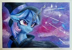 Size: 3973x2771 | Tagged: safe, artist:jsunlight, derpibooru import, oc, oc:flawless sparklemoon, pony, unicorn, fusion, fusion:trixie, fusion:twilight sparkle, fusion:twixie, horn, image, jpeg, solo, traditional art, watercolor painting