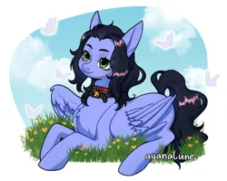 Size: 2000x1600 | Tagged: safe, artist:ayanalune, derpibooru import, oc, oc:skiu, butterfly, insect, pegasus, pony, bell, bell collar, cloud, collar, green eyes, image, png, solo, wings