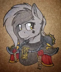 Size: 1980x2326 | Tagged: safe, artist:cmdraj, derpibooru import, oc, oc:graeyscale, pony, adepta sororitas, armor, crossover, image, jpeg, purity seal, solo, tattoo, traditional art, warhammer (game), warhammer 40k