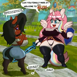 Size: 4000x4000 | Tagged: suggestive, artist:tatemil, derpibooru import, oc, oc:lux, oc:nekonin, alicorn, earth pony, arm hooves, atlyss, big breasts, breasts, busty boy, chibi wings, clothes, crossover, dialogue, duo, female, femboy, high heels, huge breasts, image, intersex, jpeg, male, panties, shield, shoes, shortstack, socks, sword, thigh highs, thong, underwear, weapon, wide hips