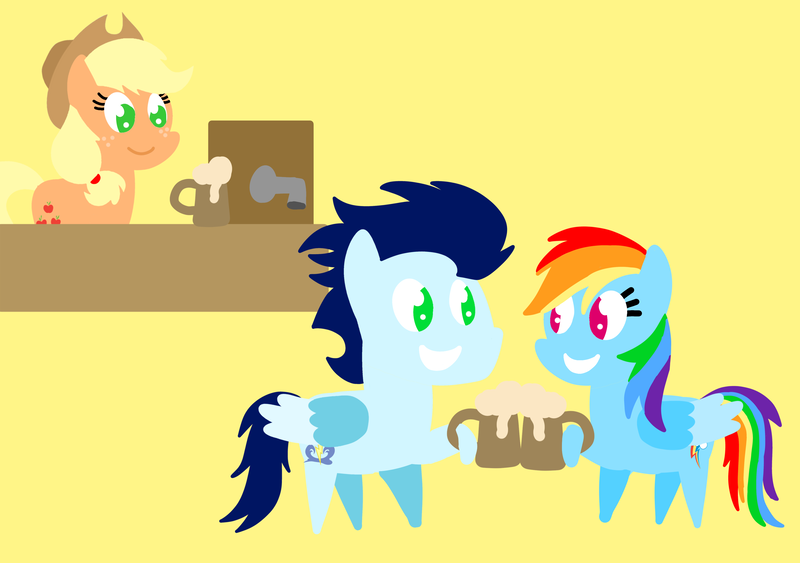 Size: 3553x2499 | Tagged: safe, anonymous artist, derpibooru import, applejack, rainbow dash, soarin', pegasus, pony, series:soarindash relationship, series:soarindash romantic tales, g4, apple cider, cider, derpibooru exclusive, drink, female, image, male, mare, png, pointy ponies, shipping, soarindash, stallion, straight