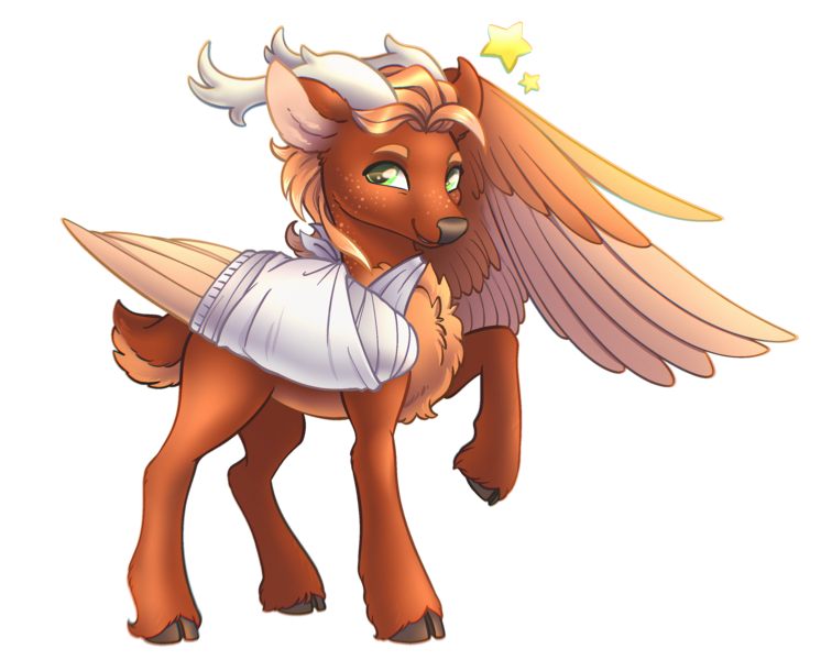 Size: 3122x2511 | Tagged: safe, artist:byefella, derpibooru import, oc, oc:leafy skies, deer, deer pony, original species, peryton, antlers, bandage, broken bone, broken wing, cast, cloven hooves, colored hooves, colored wings, commission, deerified, freckles, hooves, image, injured, nonbinary, one wing out, png, short tail, sling, species swap, stag, tail, wings