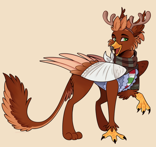 Size: 1253x1180 | Tagged: safe, artist:wanderingpegasus, derpibooru import, oc, oc:pavlos, gryphon, antlers, bandage, beak, broken bone, broken wing, cast, cheek fluff, claws, clothes, colored wings, commission, eared griffon, griffon oc, image, injured, non-pony oc, nonbinary, png, reindeer antlers, scarf, sling, tail, wings