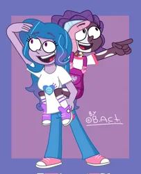 Size: 1660x2048 | Tagged: safe, artist:garybaldor, derpibooru import, izzy moonbow, violette rainbow, human, equestria girls, g4, g5, clothes, converse, cutie mark, cutie mark on clothes, denim, dreadlocks, duo, duo female, equestria girls-ified, eyebrows, eyebrows visible through hair, female, g5 to equestria girls, g5 to g4, generation leap, image, jeans, jewelry, jpeg, necklace, overalls, pants, pointing, shirt, shoes, signature, smiling, sneakers, socks, vitiligo