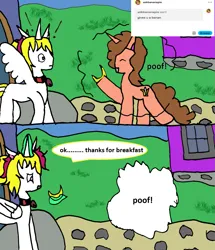 Size: 1215x1411 | Tagged: safe, artist:ask-luciavampire, derpibooru import, oc, alicorn, pony, unicorn, ask, banana, food, horn, image, png, tumblr