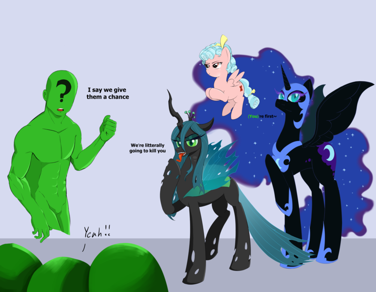 Size: 6430x5000 | Tagged: safe, artist:lillslim, derpibooru import, cozy glow, nightmare moon, queen chrysalis, oc, oc:anon, alicorn, changeling, changeling queen, human, pegasus, pony, g4, absurd resolution, dialogue, drawthread, female, filly, foal, image, mare, png, raised hoof, requested art, seductive look, text, tongue out