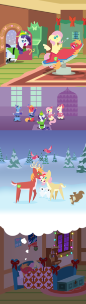 Size: 2160x7560 | Tagged: safe, anonymous artist, derpibooru import, big macintosh, fluttershy, rarity, toe-tapper, torch song, bird, deer, earth pony, pegasus, pony, rabbit, reindeer, squirrel, unicorn, series:fm holidays, series:hearth's warming advent calendar 2024, g4, advent calendar, alternate hairstyle, angry, animal, bed, bow, buck, chair, christmas, clothes, coat, conductor's baton, deerified, dentist chair, dentistry, doe, dress, elf costume, elf hat, fake beard, female, floppy ears, flutterdeer, fluttermac, fluttershy's bedroom, fluttershy's cottage, flying, group, hair bow, hat, high res, holiday, hoof hold, horn, image, indoors, lineless, looking at each other, looking at someone, male, mare, meme, nuzzling, on bed, open mouth, open smile, outdoors, png, pointy ponies, ponytones, red nose, reindeerified, rudolph the red nosed reindeer, shipping, short mane, singing, sitting, sleeping, smiling, smiling at each other, snow, snowfall, species swap, stallion, straight, thought bubble, trio, why weren't you at elf practice?, winter