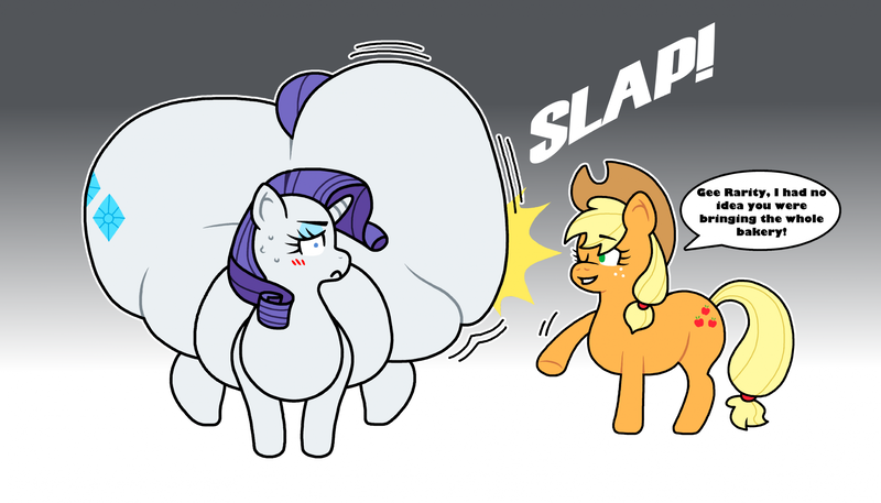 Size: 2541x1450 | Tagged: suggestive, artist:thesonofsam, derpibooru import, applejack, rarity, earth pony, pony, unicorn, g4, :c, belly, big belly, blush lines, blushing, butt, butt expansion, dialogue, duo, duo female, emanata, expansion, fat, female, frown, gradient background, grayscale background, growth, horn, huge belly, huge butt, hyper, hyper butt, image, impossibly large butt, jiggle, large butt, mare, no pupils, obese, one eye closed, onomatopoeia, outline, png, raritubby, rearity, smiling, spanking, sweat, sweatdrops, weight gain, white outline