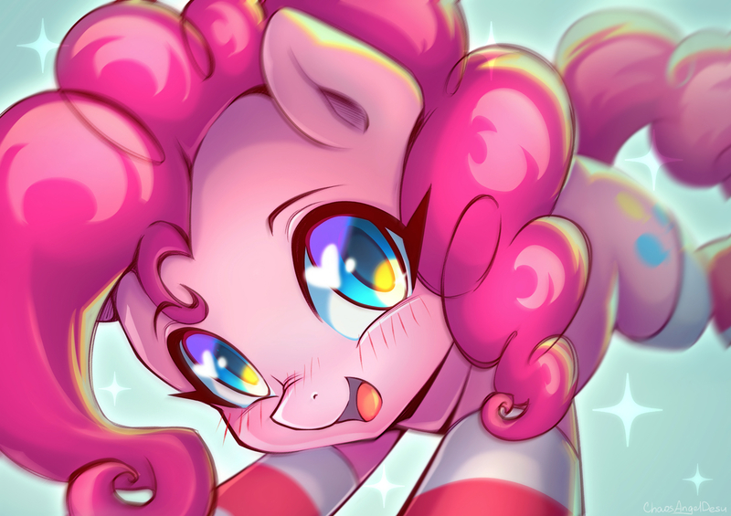 Size: 1323x935 | Tagged: safe, artist:chaosangeldesu, derpibooru import, pinkie pie, earth pony, pony, g4, blushing, clothes, cute, female, image, jpeg, looking at you, simple background, smiling, smiling at you, socks, solo, solo female